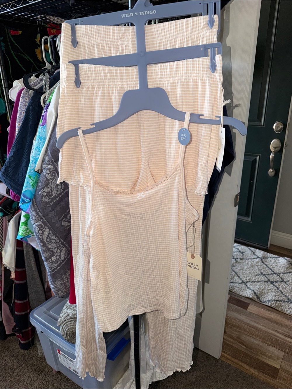 Wild indigo 3 piece Beige Gingham Lounge Set - Tank & Pants